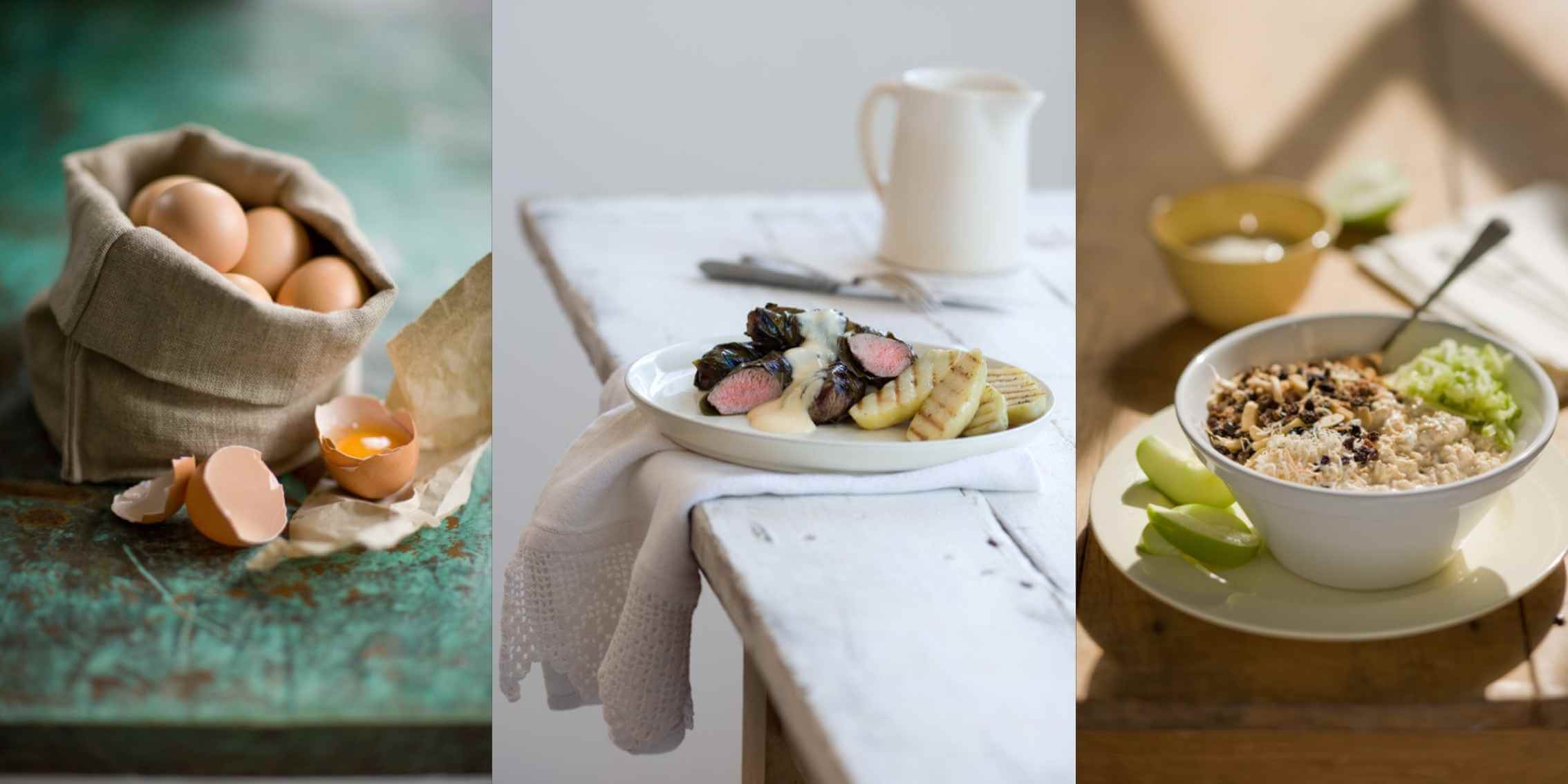 Title A triptych of moody, rustic food photography featuring eggs, a
plated gourmet dish, and a sunlit breakfast bowl.
