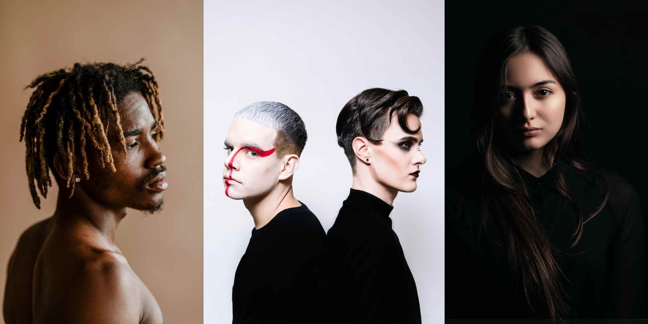 Natural vs. Artificial Light
– A Study in Portrait Photography A triptych of portrait photography exploring lighting styles: a
warm, naturally lit profile, a high-contrast editorial duo with bold makeup, and
a moody, low-key portrait in deep shadows.