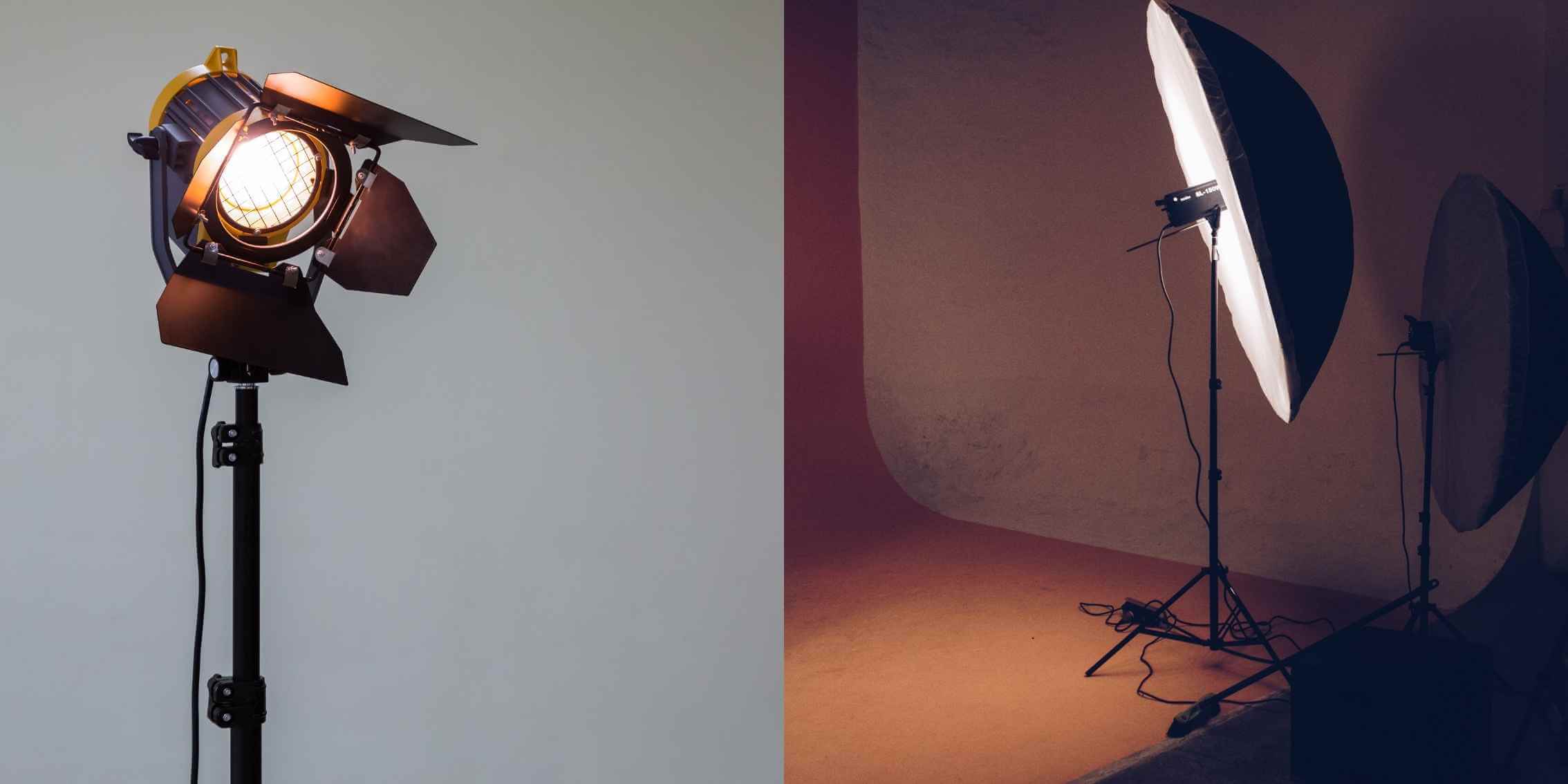 Studio Lighting Contrast – Spotlight vs
Softbox A diptych of photography lighting setups: a focused studio
spotlight with barn doors on the left and a moody studio scene with large
softbox lights on the right.