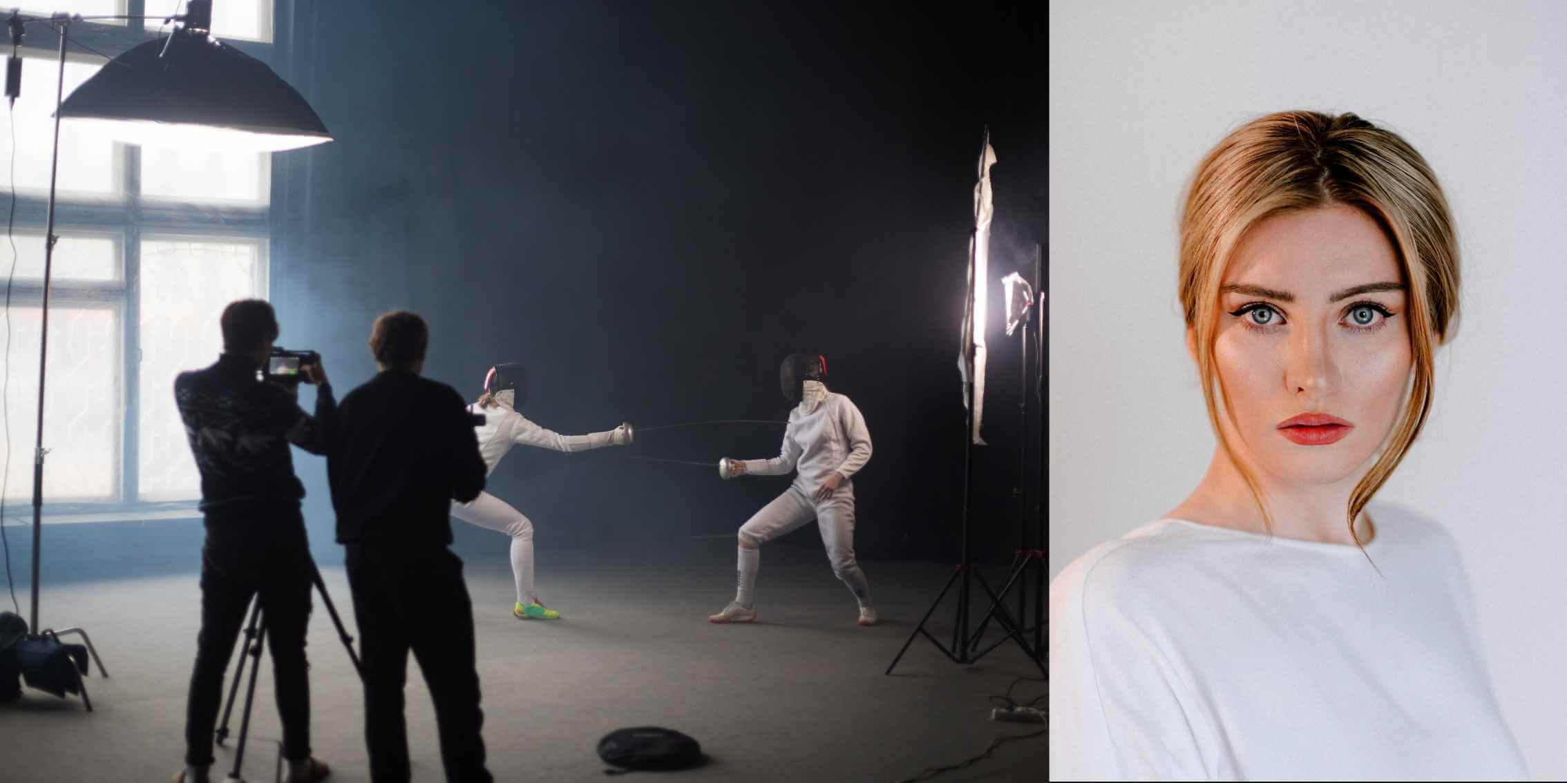 Composite image of 2 subjects fencing whilst being photographed in
a studio, and a portrait shot of a blond-haired women