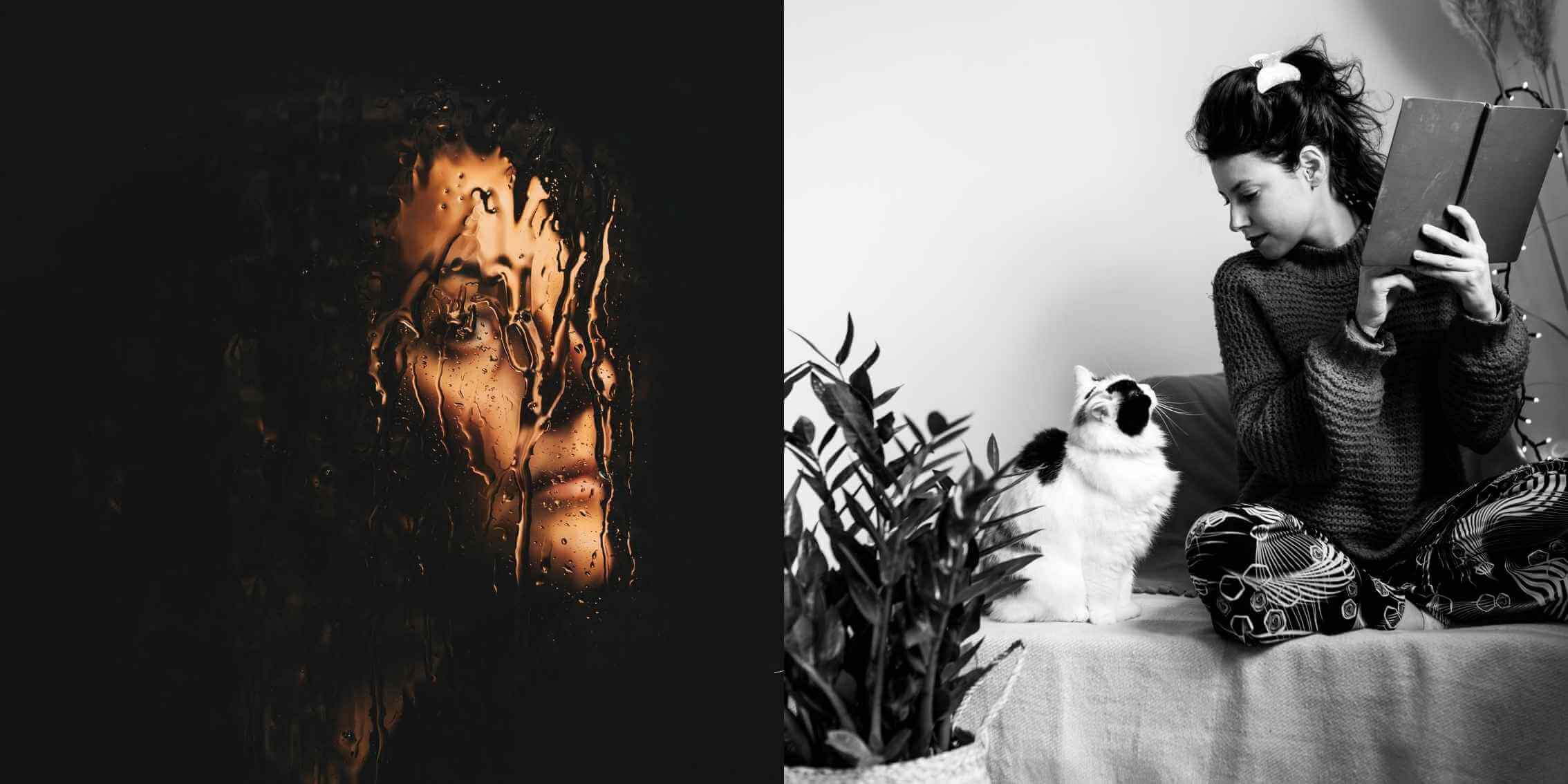 A portrait photography comparison: the left side showcases an
artistic shot of a woman's face seen through a rain-soaked window, evoking deep
emotion and introspection, while the right side presents a natural lifestyle
portrait of a woman reading a book, sharing a quiet, candid moment with a
curious black-and-white cat in a cosy home setting.