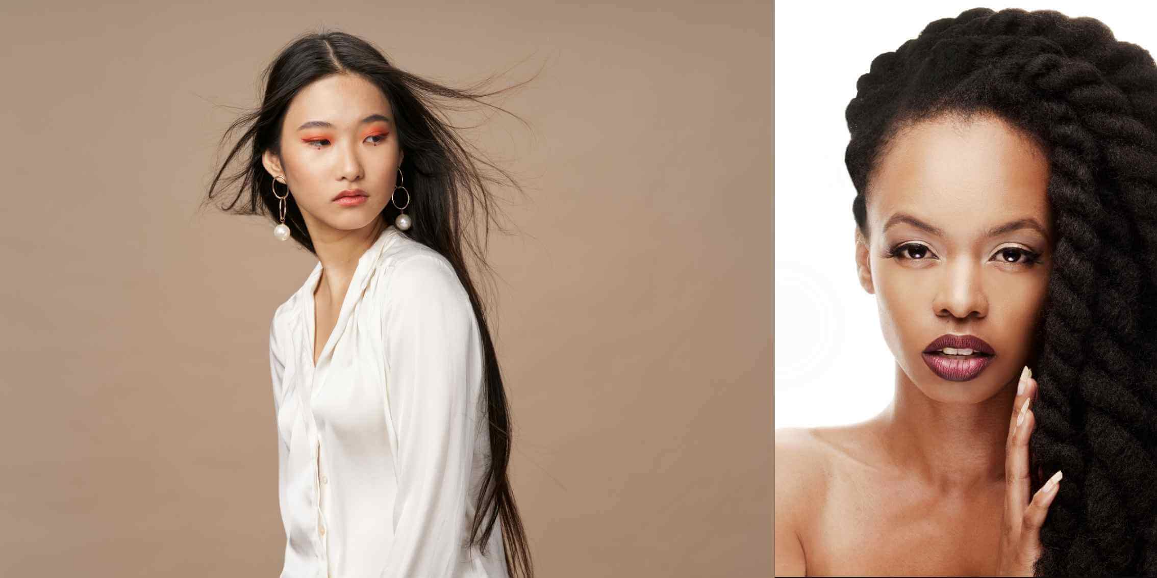 A dual-panel portrait image: the left features a minimalist studio
shot of a woman with flowing long hair, wearing a white blouse and pearl
earrings, set against a neutral beige background. The right showcases a close-up
portrait of a woman with intricately styled natural hair, bold makeup, and a
confident expression, emphasised by a clean white backdrop.