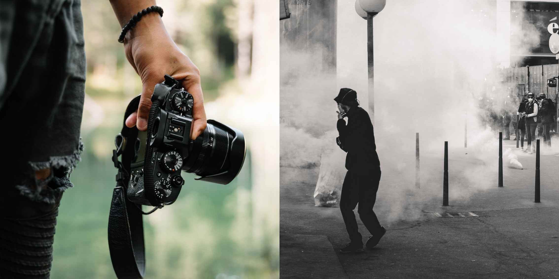 Why Photojournalism
Matters Now More Than Ever – Documenting the World Through the Lens A diptych highlighting the role of photojournalism: a close-up of
a photographer holding a camera on the left and a black-and-white image of a
protest scene filled with tear gas on the right.