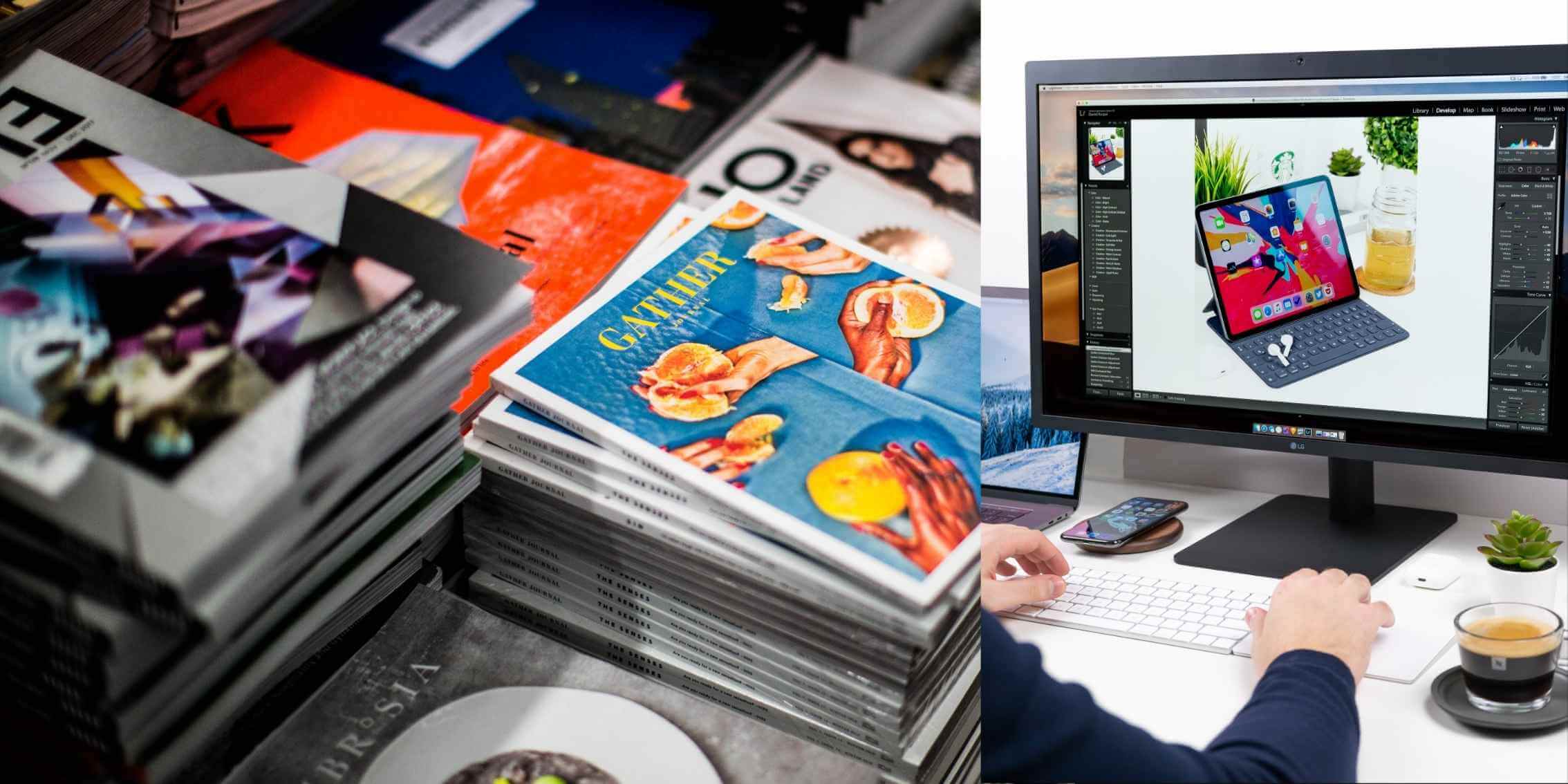 A Guide to Choosing Between sRGB and Adobe RGB – Print vs.
Digital Colour Management A split-image comparing colour workflows in photography: printed
magazines with vibrant covers on the left and a digital photo editing workspace
on the right.