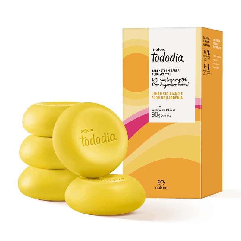 Sabonete Barra puro Vegetal Tododia Limão Siciliano e Flor de Gardênia Cx c/5 un 90g cada