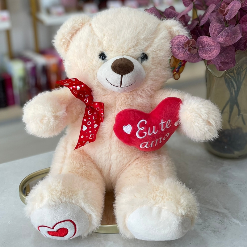 Urso Pelucia Creme Com Coração Lateral 37cm