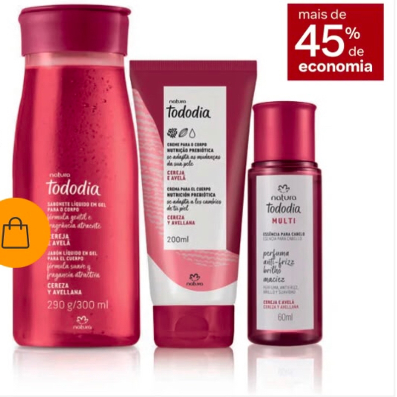 Kit tododia cereja e avelã - 1 Sabonete líquido em gel - 290 g/300 ml + 1 Creme desodorante nutritivo para o corpo - 200 ml + 1 Essência para cabelo - 60 ml