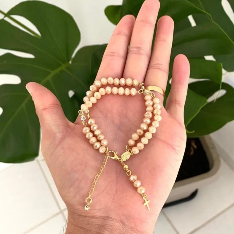 Pulseira Terço Cristal - Cor: Champanhe