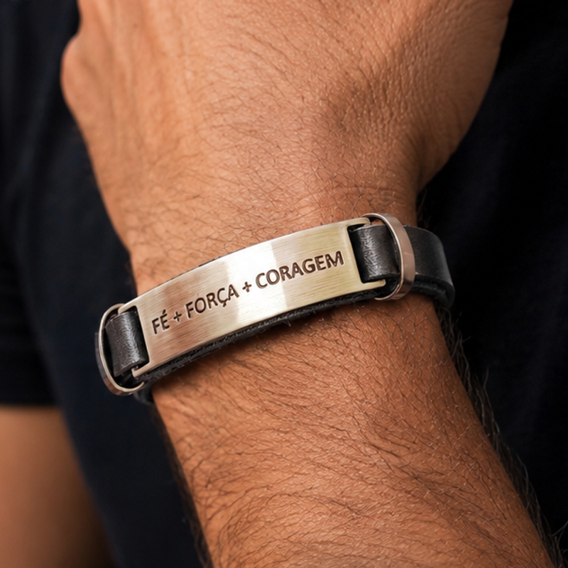 Pulseira Couro Fé + Força + Coragem