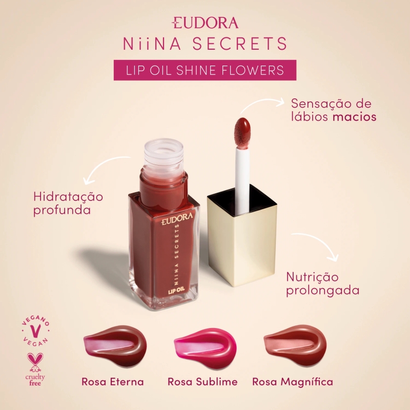 Lip Oil Shine Flowers Rosa Sublime Niina Secrets 7ml - foto 3