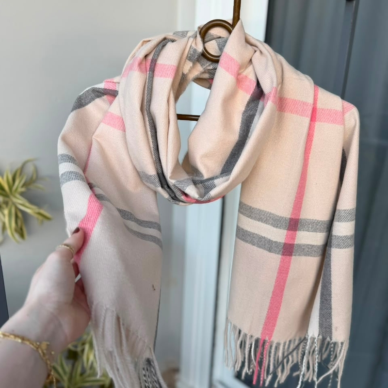 Pashmina Xadrez Rosa e Cinza