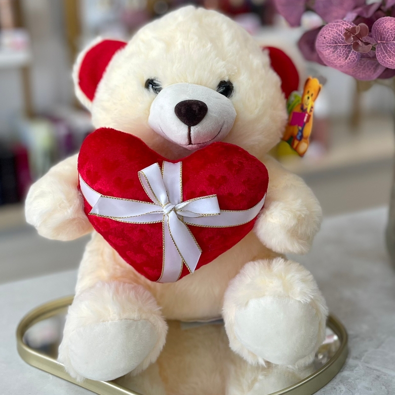 Urso Coração Laço Creme 30cm