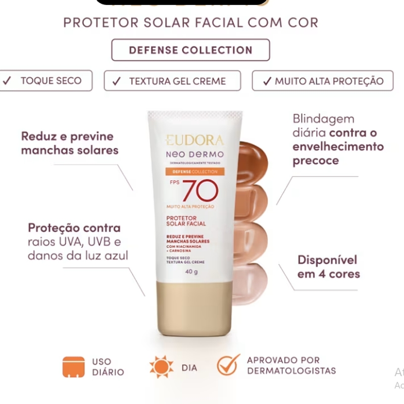 Protetor Solar Facial Com Cor Eudora Neo Dermo Fps 70 Cor 2 40Ml - foto 2