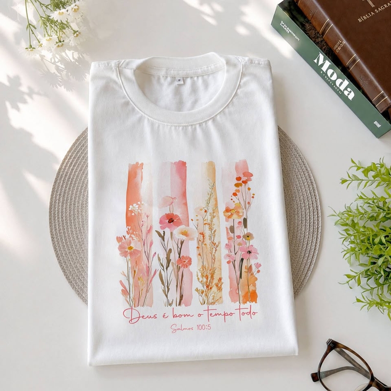 TSHIRT FEMININA -FLORES DEUS É BOM -COR MARFIM (TAM M, G)