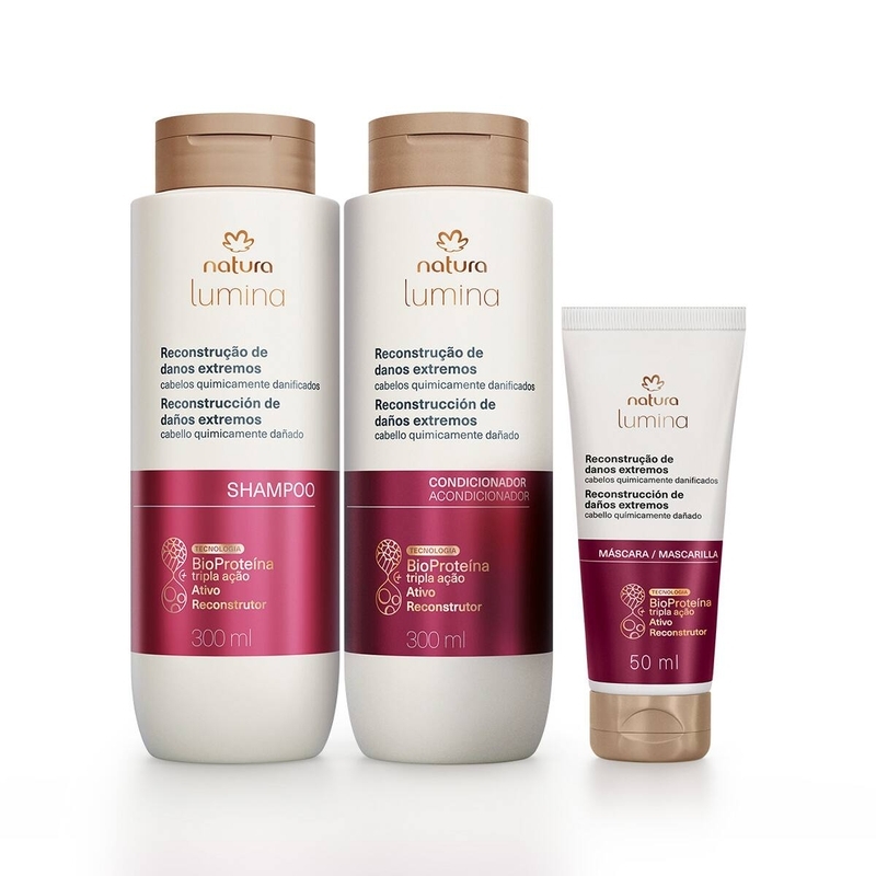 Kit lumina reconstrução de danos extremos - 1 Shampoo reestruturante - 300 ml + 1 Condicionador provitalidade - 300 ml + 1 Máscara regeneradora - 50 ml