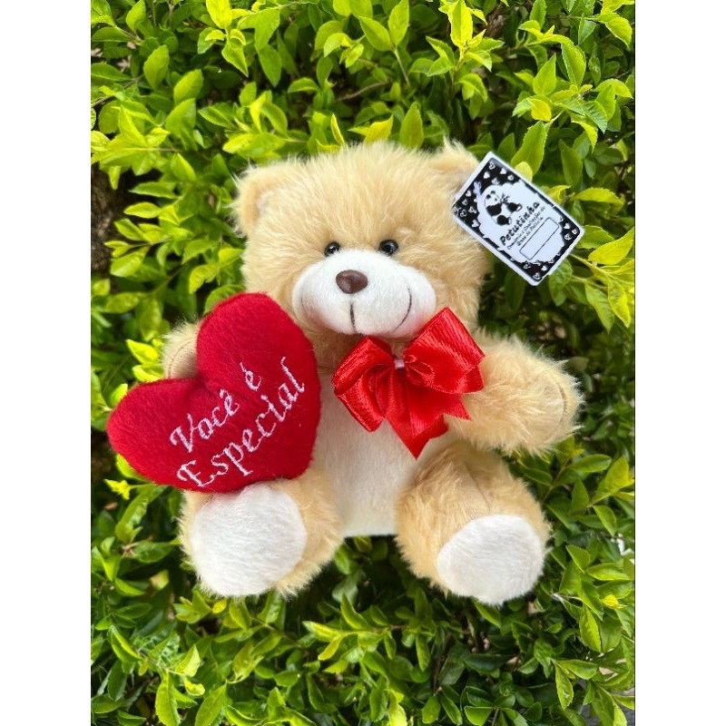 Urso de Pelúcia com laço e coração bordado 20 cm - Você é especial