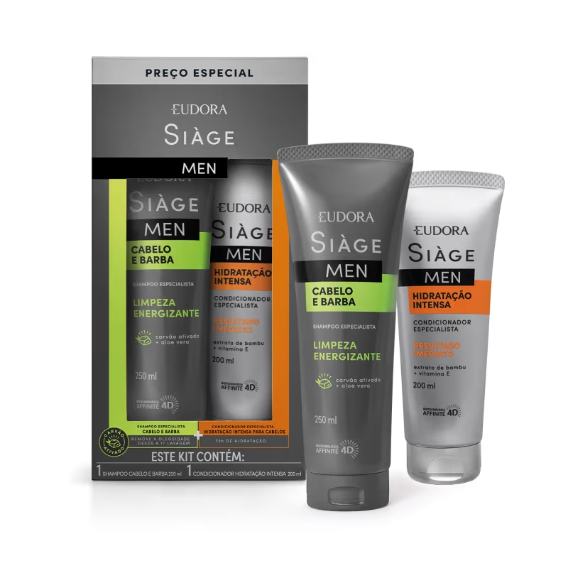 Kit Siage Men: Shampoo Cabelo e Barba 250ml + Condicionador Hidratação Intensa 200ml - Eudora