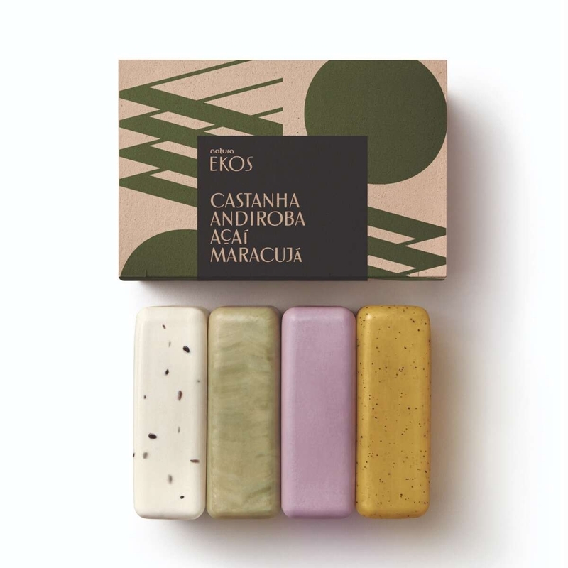 Sabonete em barra puro vegetal cremoso e esfoliante - Caixa com 4 unidades (1 castanha, 1 maracujá, 1 açaí e 1 andiroba) de 100 g cada