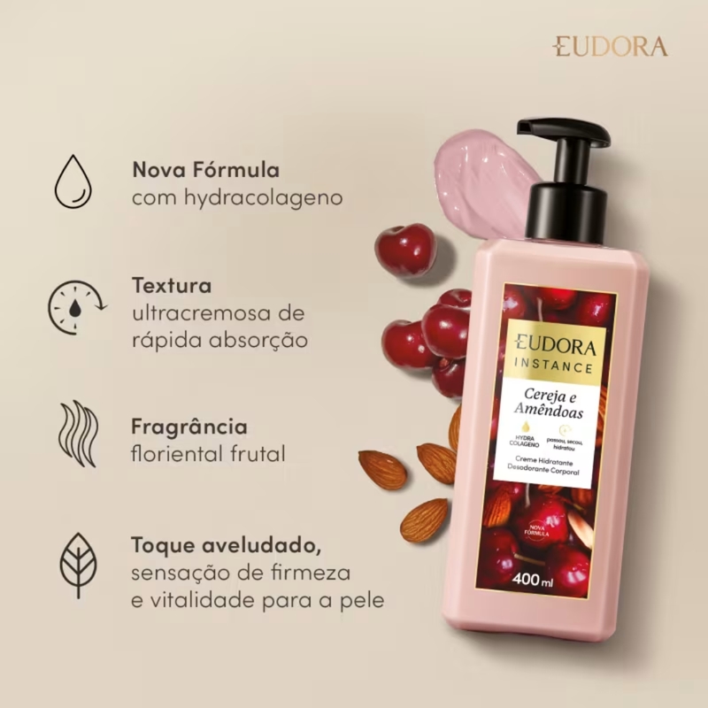 Creme Hidratante Desodorante Corporal Instance Cereja e Amêndoas 400ml - foto 2
