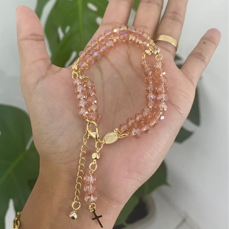 Pulseira Terço Cristal - Cor: Rosa Claro