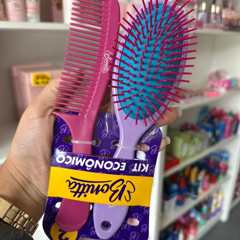 Kit Pente E Escova Lilás Com Rosa Bonitta