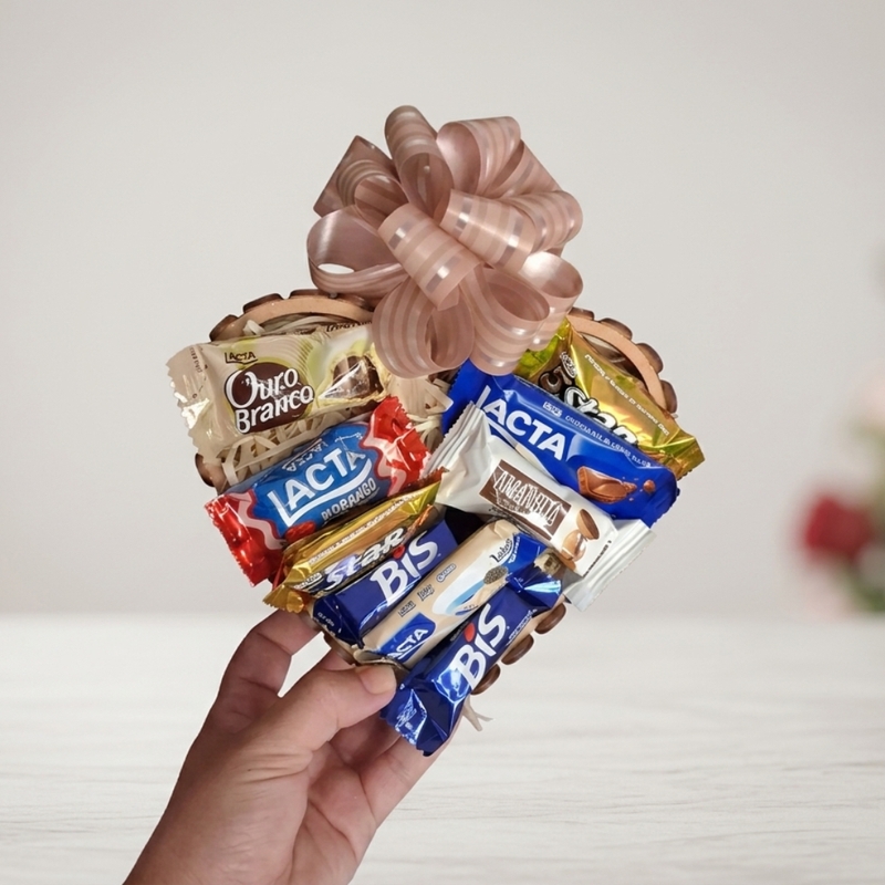 CESTA CORAÇÃO EM MDF COM 09 BOMBONS SORTIDOS - foto 2