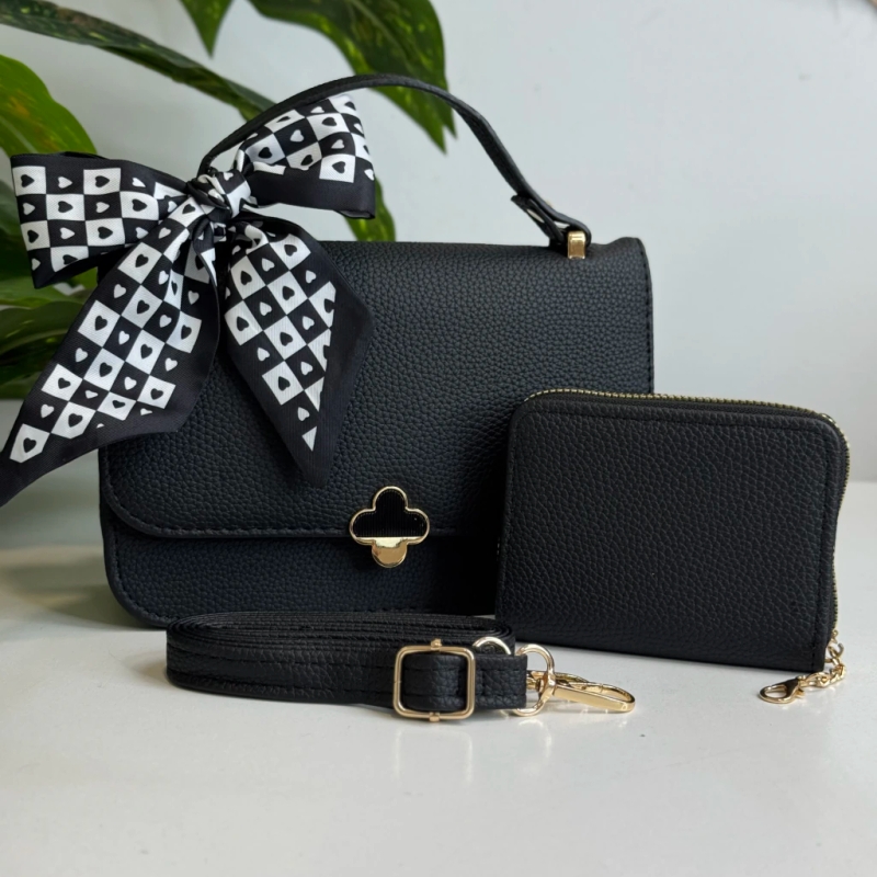 Kit Bolsa com Laço e Carteira Leticia Cor Preto