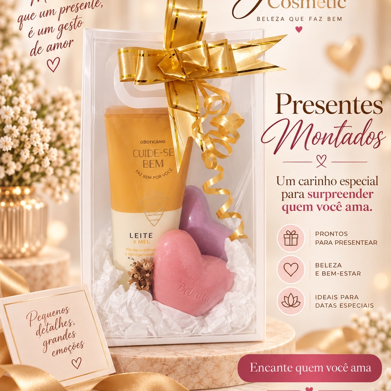 Presente Doce Carinho Leite e Mel + sabonetes de coração