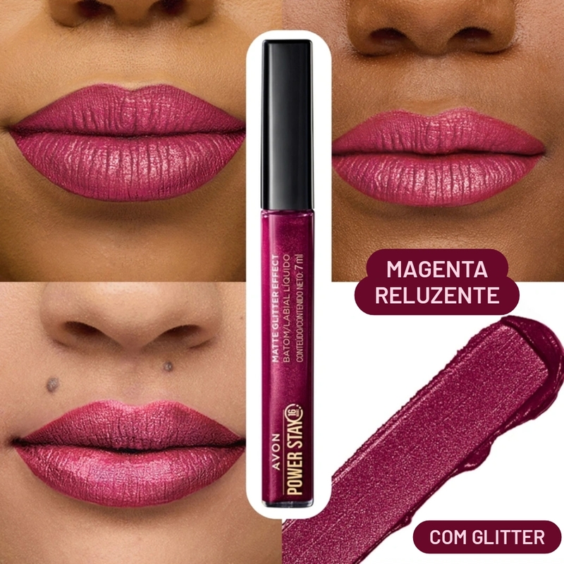 Batom Magenta Reluzente Power Stay Líquido Matte Glitter Effect 16h
