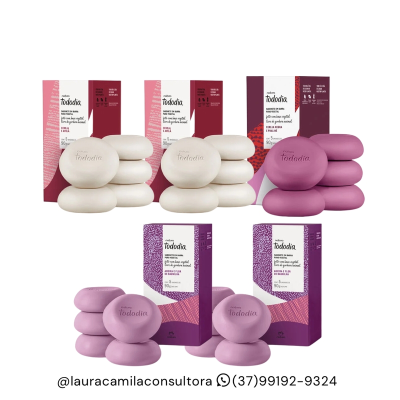 Combo com 5 Caixas de Sabonete Natura Tododia: 2 Caixas Cereja e Avelã + 2 Caixas Ameixa e Flor de Baunilha + 1 Caixa Cereja Negra e Praliné