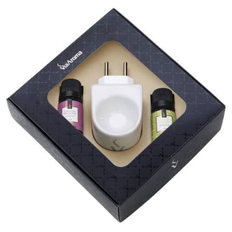 Kit Presente Via Aroma - 1 Aromatizador Elétrico Porcelana e 2 Essências de 10ml (Capim Limão e Lavanda Francesa)