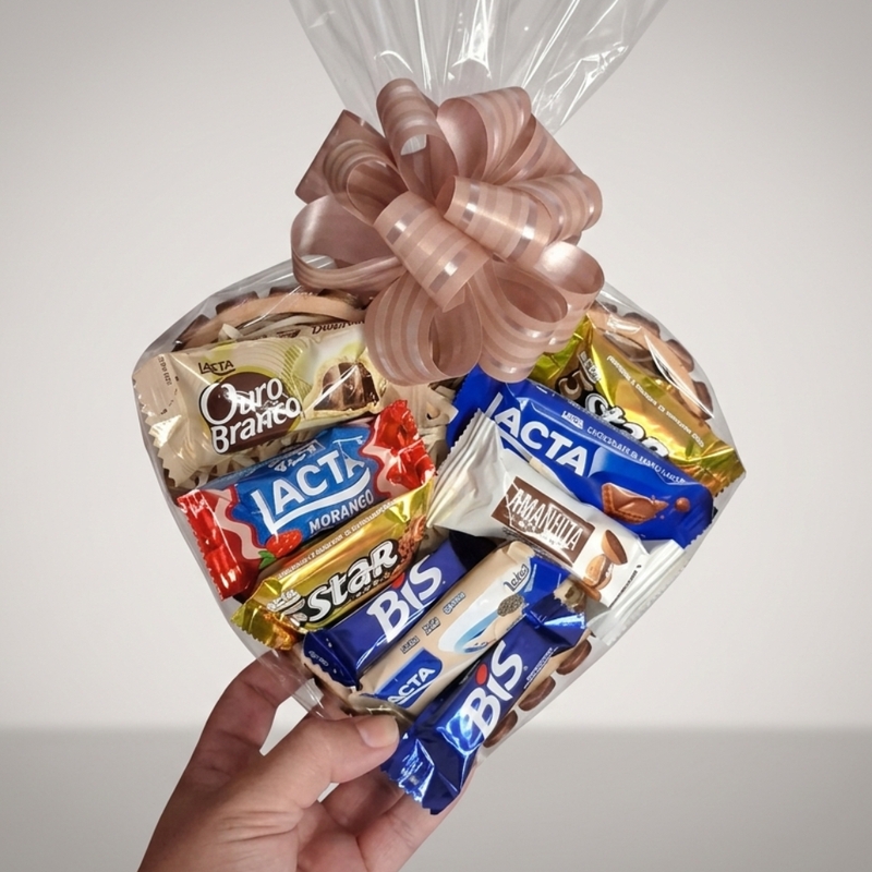 CESTA CORAÇÃO EM MDF COM 09 BOMBONS SORTIDOS