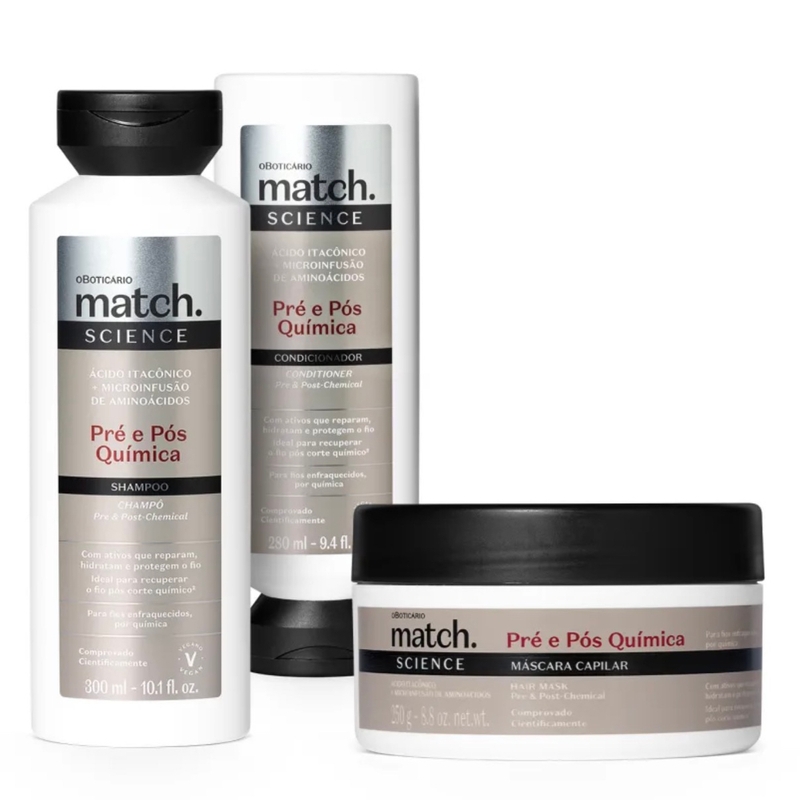 Combo Match Science Pré e Pós-Química: Shampoo 300ml + Máscara Capilar 250g + Condicionador 280ml