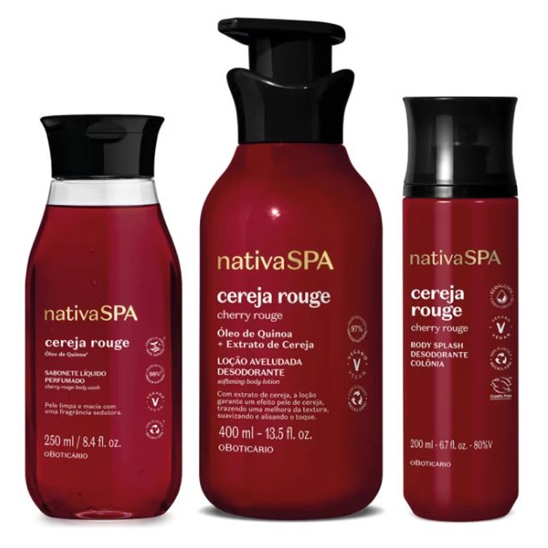 Combo Nativa Spa Cereja Rouge: Loção Corporal 400ml + Sabonete Líquido 250ml + Body Splash 200ml