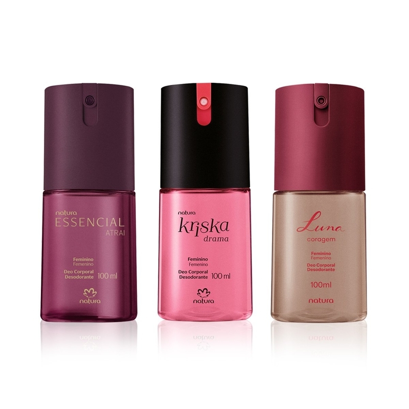 TRIO DE DESODORANTES CORPORAIS NATURA FEMNINO 100ML (ESSENCIAL ATRAI, LUNA CORAGEM E KRISKA DRAMA)