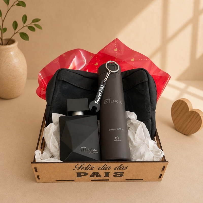 Kit Essencial Exclusivo (Perfume, Shampoo, Chaveiro e Necessaire)