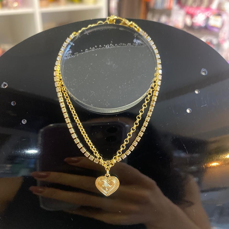 PULSEIRA DUPLA STRASS E CORAÇÃO