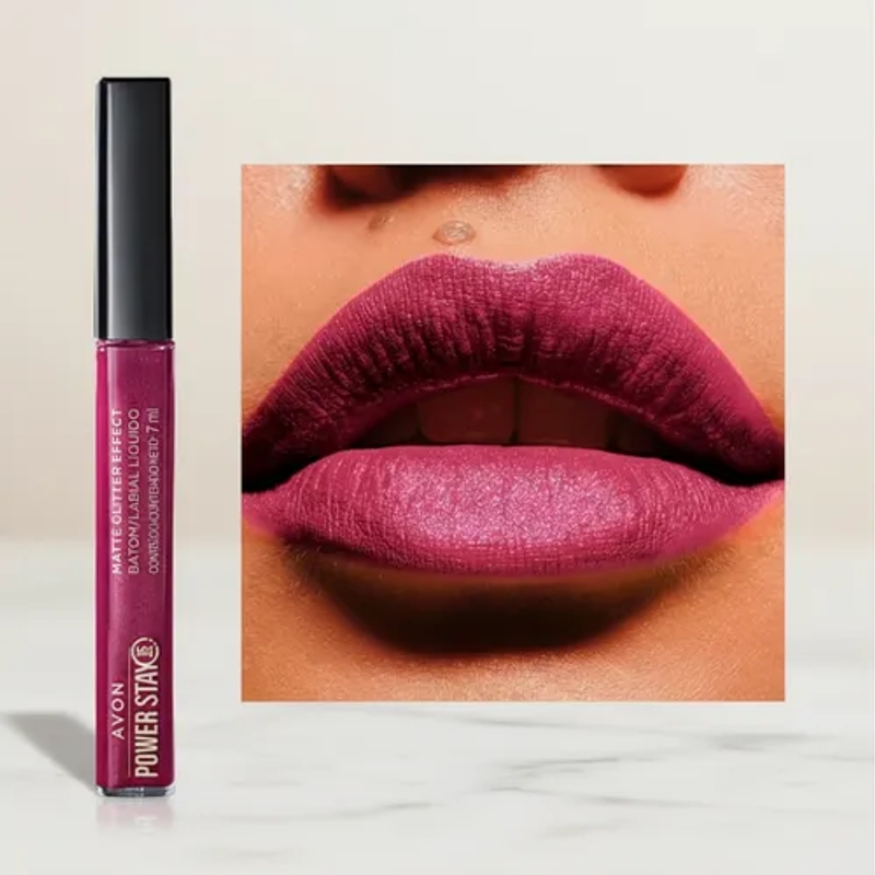 Batom Liquido Matte Glitter Effect Avon Power Stay 7ml Malva Luminoso