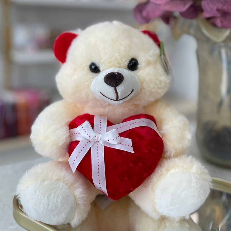 Urso Pelucia Coração Laço Creme 20cm
