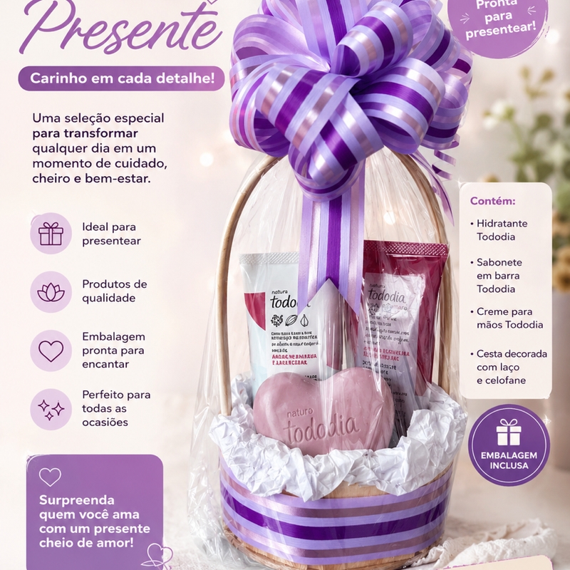 Cesta Amora Vermelha Hidratante + Sabonete Esfoliante + Sabonete Em Barra