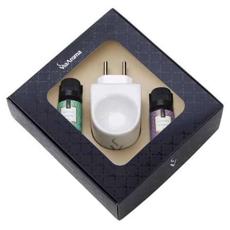 Kit Presente Via Aroma - 1 Aromatizador Elétrico Porcelana e 2 Essências de 10ml (Bamboo e Lavanda)