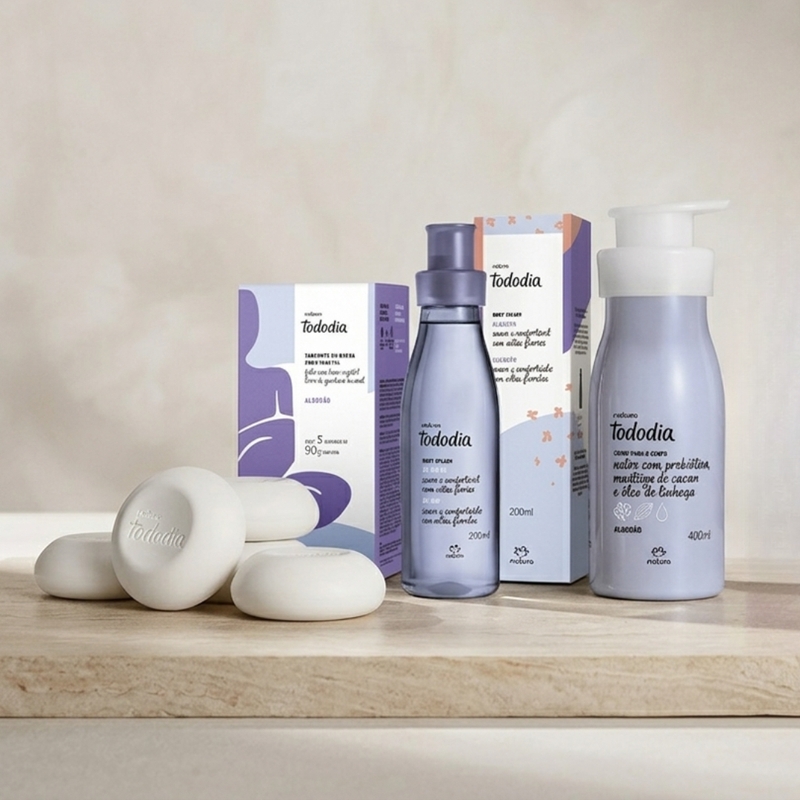KIT HIDRATANTE 400ML + BODY SPLASH 200ML + CAIXA COM 05 SABONETES NATURA TODODIA ALGODAO - foto 3