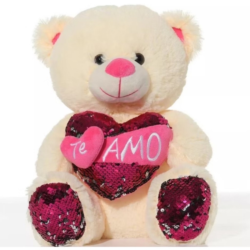 Urso de Pelúcia 32 cm Com Lantejoulas Coração Ursinho Te Amo Super Macio Fofinho