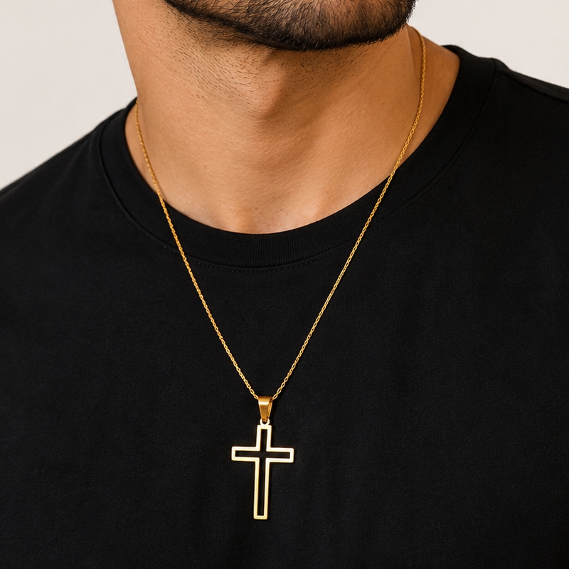 Cordão Aço Inox Dourado - Cruz Vazada
