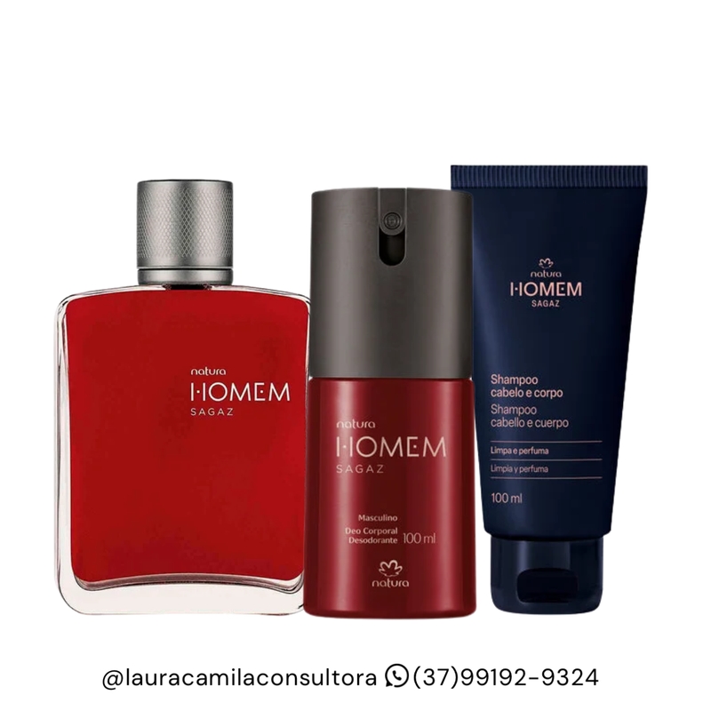 Presente Natura Homem Sagaz: Deo Parfum 100ml + Desodorante Corporal 100ml + Shampoo Cabelo e Corpo 100ml