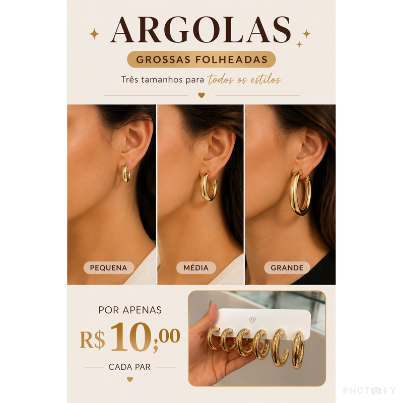 Argola Grossa Folheada Grande, Média Ou Pequena