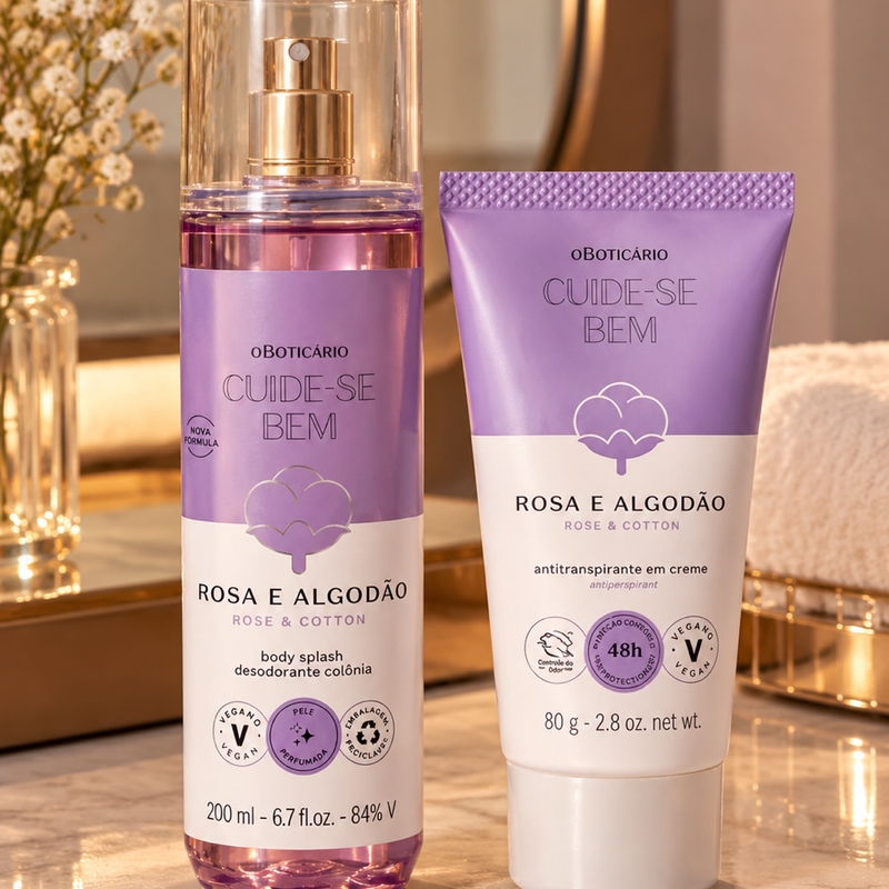 Combo Cuide-se Bem Rosa E Algodão: Body Splash 200ml + Antitranspirante em Creme 80g