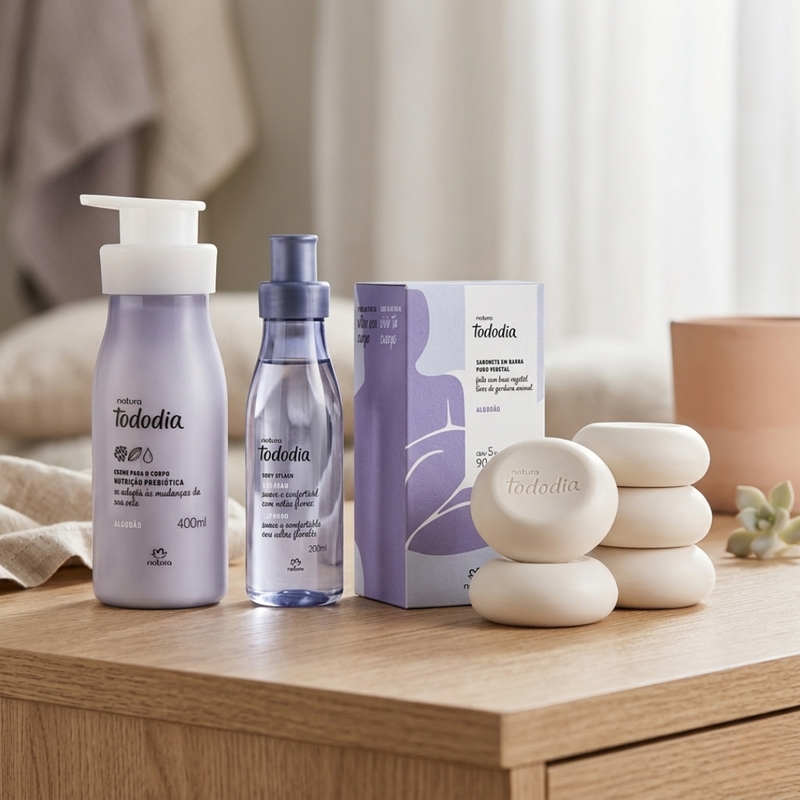 KIT HIDRATANTE 400ML + BODY SPLASH 200ML + CAIXA COM 05 SABONETES NATURA TODODIA ALGODAO - foto 2