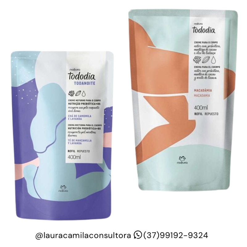 Combo Refil Hidratante Corporal Natura Tododia: Refil Chá De Camomila e Lavanda 400ml + Refil Macadâmia 400ml