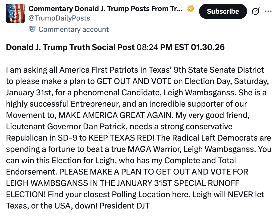 Trump panics about TX SD-9